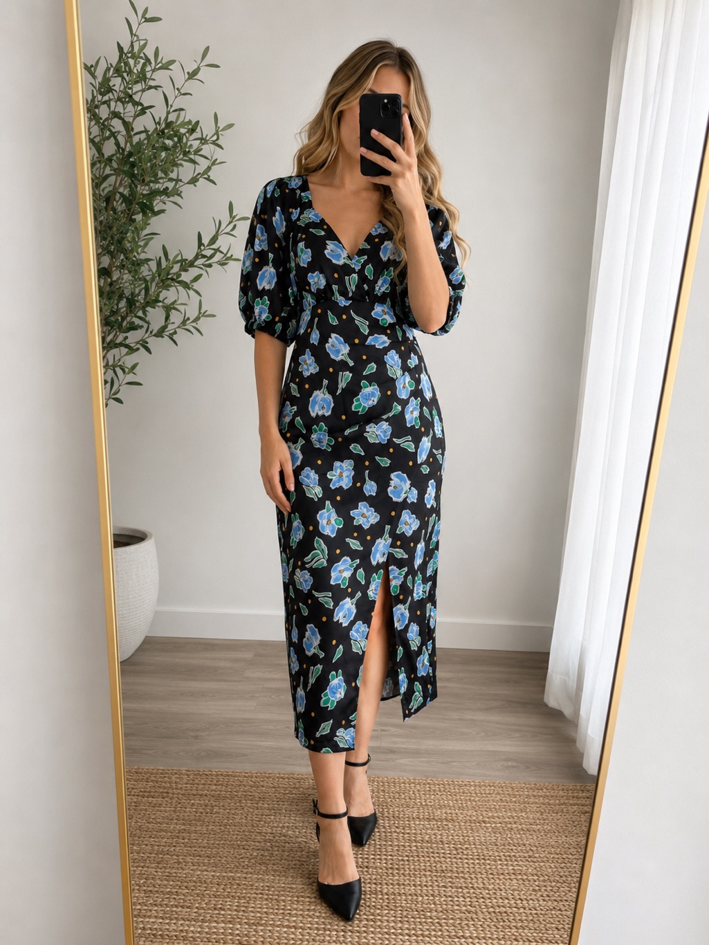 Black Blue Floral Maxi Dress With Puff Sleeves Small